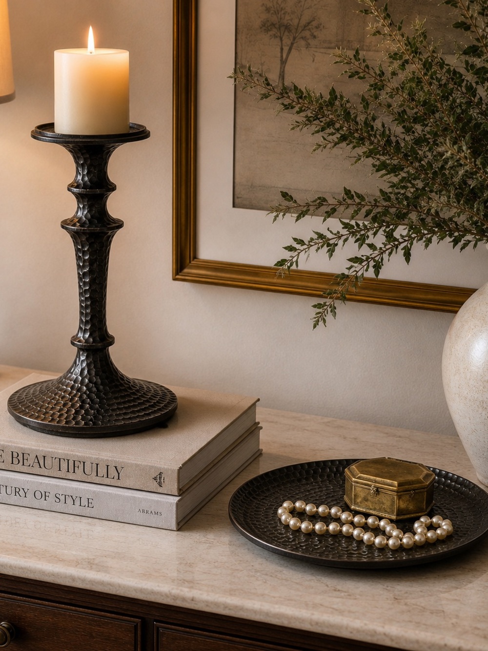 Pottery Barn Dark Brown Cast Iron Candleholder & Candle Plate